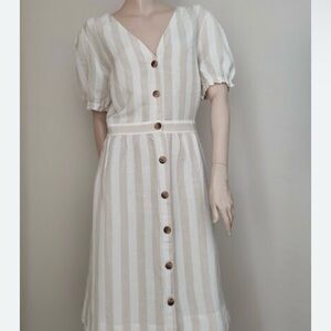 LOFT Beige and White Button-Down Linen Blend Midi Dress